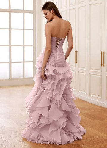 Elegante Vestido Largo de Fiesta de Gasa con Corsé, Escote Corazón y Volantes