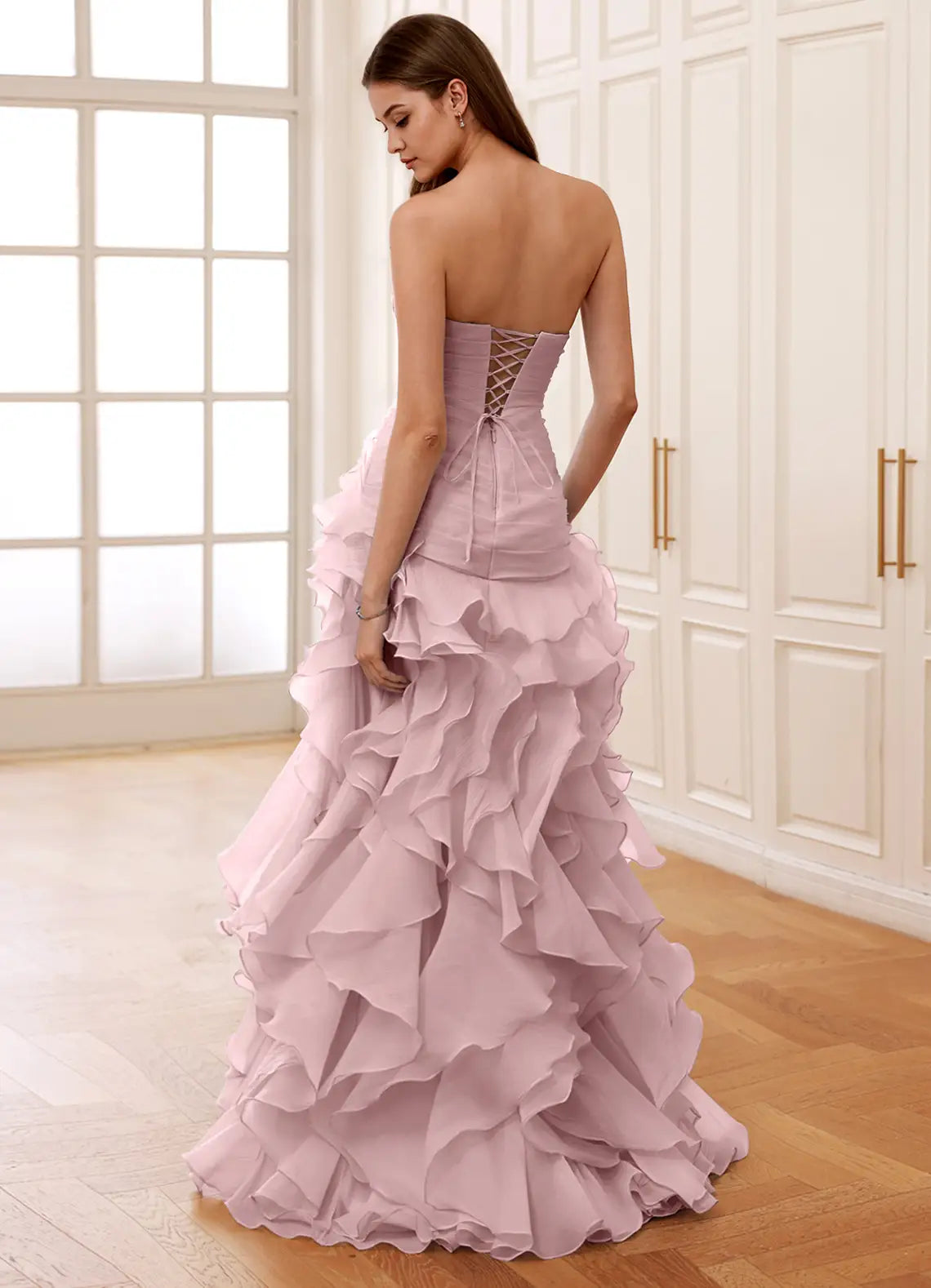 Elegante Vestido Largo de Fiesta de Gasa con Corsé, Escote Corazón y Volantes