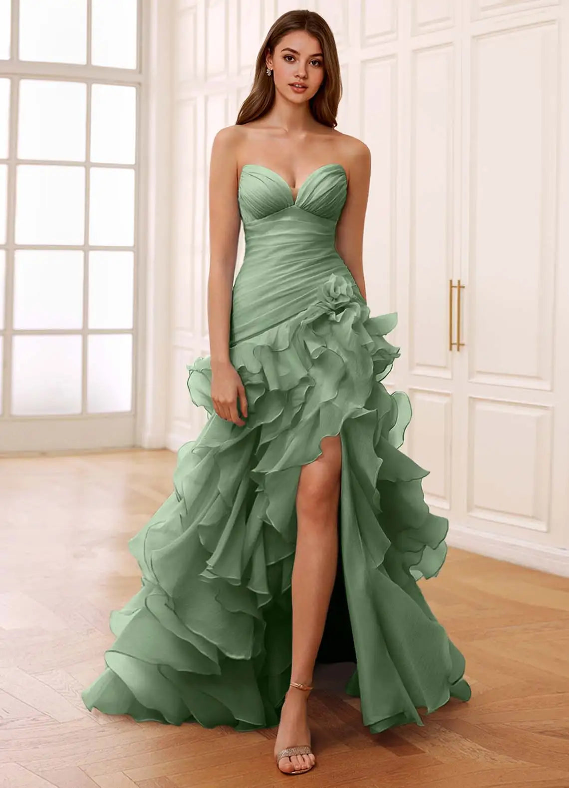 Elegante Vestido Largo de Fiesta de Gasa con Corsé, Escote Corazón y Volantes