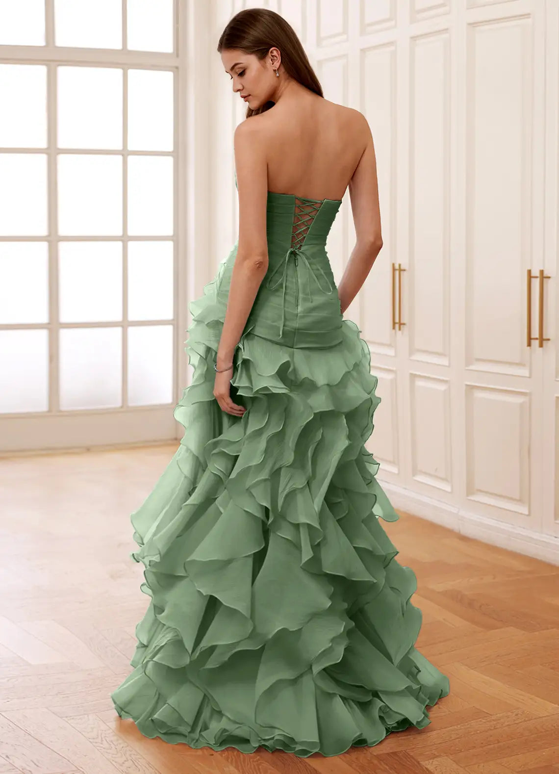 Elegante Vestido Largo de Fiesta de Gasa con Corsé, Escote Corazón y Volantes