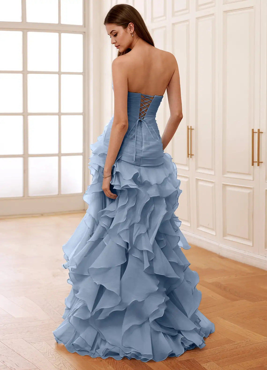 Elegante Vestido Largo de Fiesta de Gasa con Corsé, Escote Corazón y Volantes