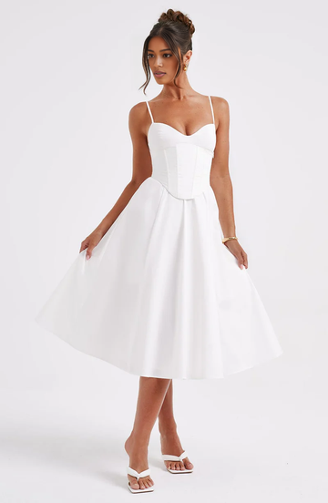 Elegant A-line Sweetheart Satin Midi Corset Flare Dress Tea-Length Evening Dress