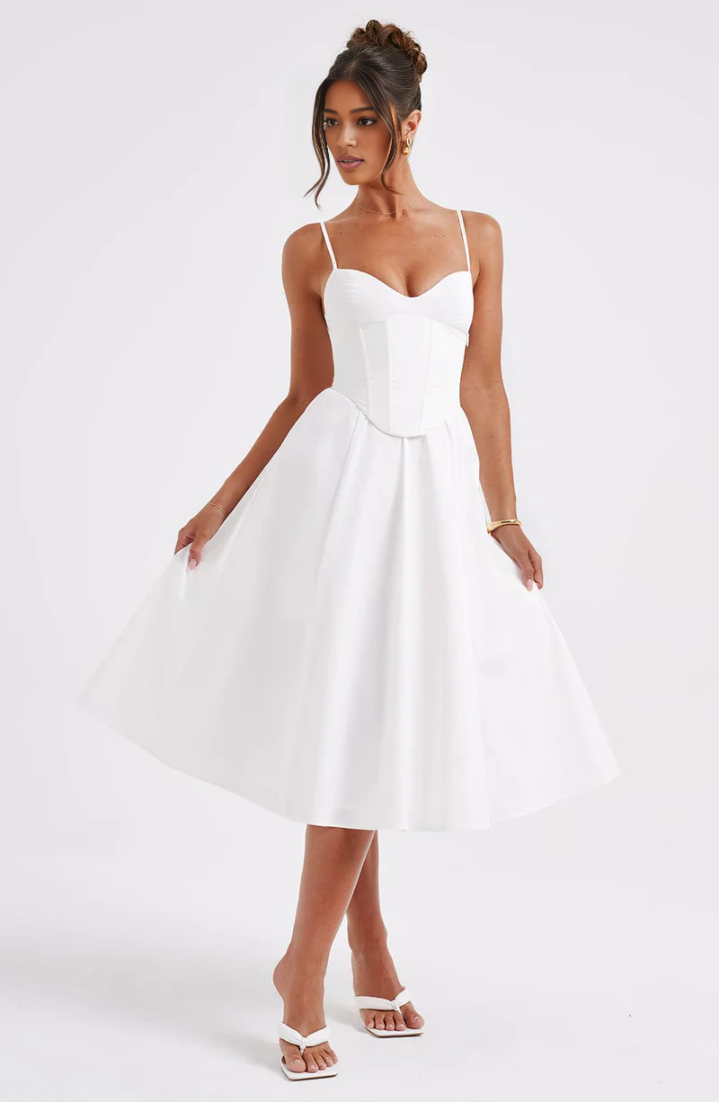Elegant A-line Sweetheart Satin Midi Corset Flare Dress Tea-Length Evening Dress