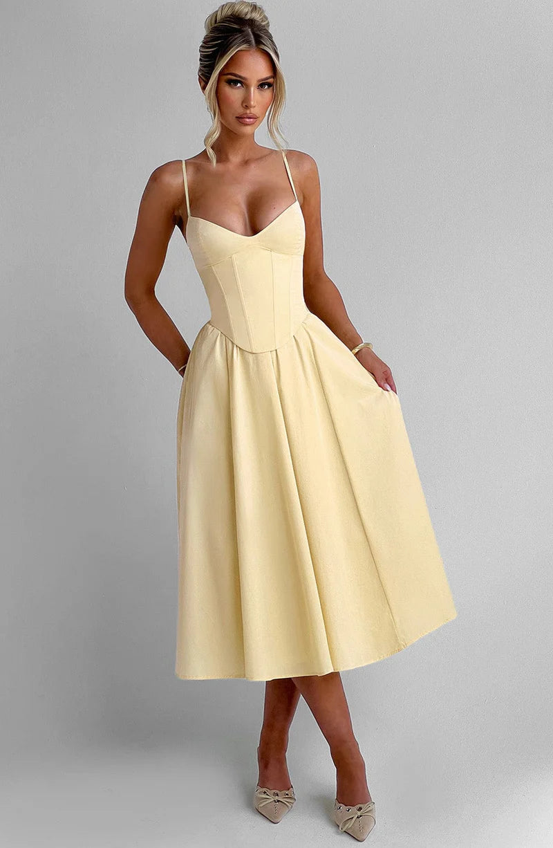 Elegant A-line Sweetheart Satin Midi Corset Flare Dress Tea-Length Evening Dress