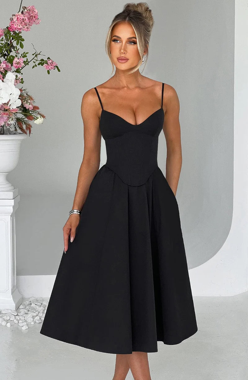 Elegant A-line Sweetheart Satin Midi Corset Flare Dress Tea-Length Evening Dress