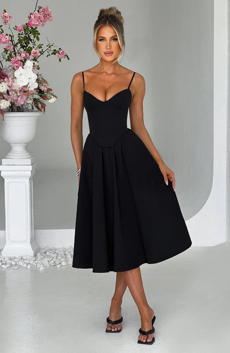Elegant A-line Sweetheart Satin Midi Corset Flare Dress Tea-Length Evening Dress