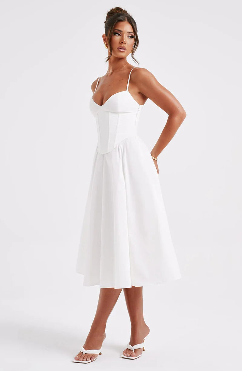 Elegant A-line Sweetheart Satin Midi Corset Flare Dress Tea-Length Evening Dress