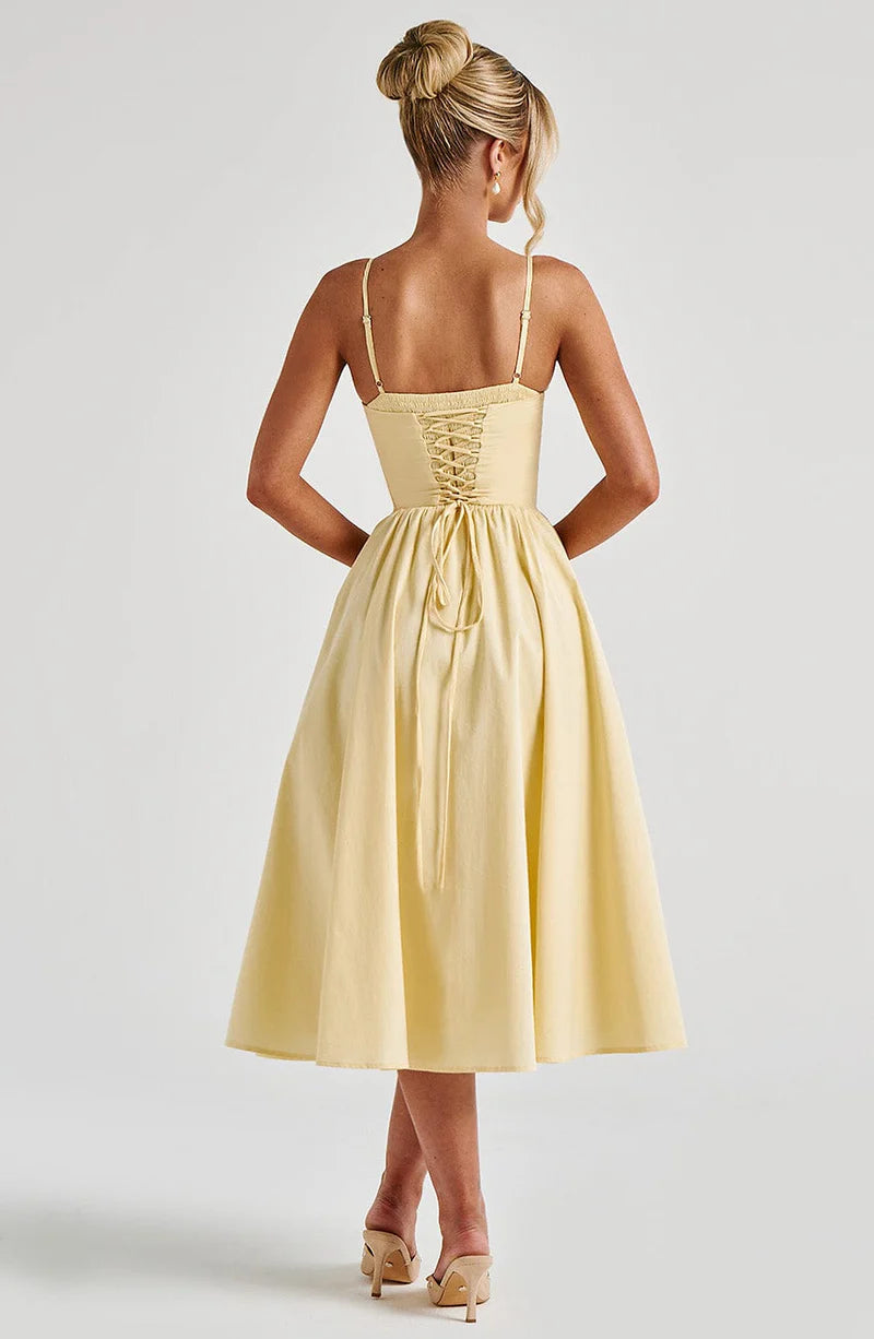 Elegant A-line Sweetheart Satin Midi Corset Flare Dress Tea-Length Evening Dress