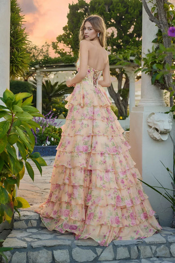 Elegant Floral Print Strapless Corset Bodice Tiered Ruffle Prom Dress Formal Evening Gown