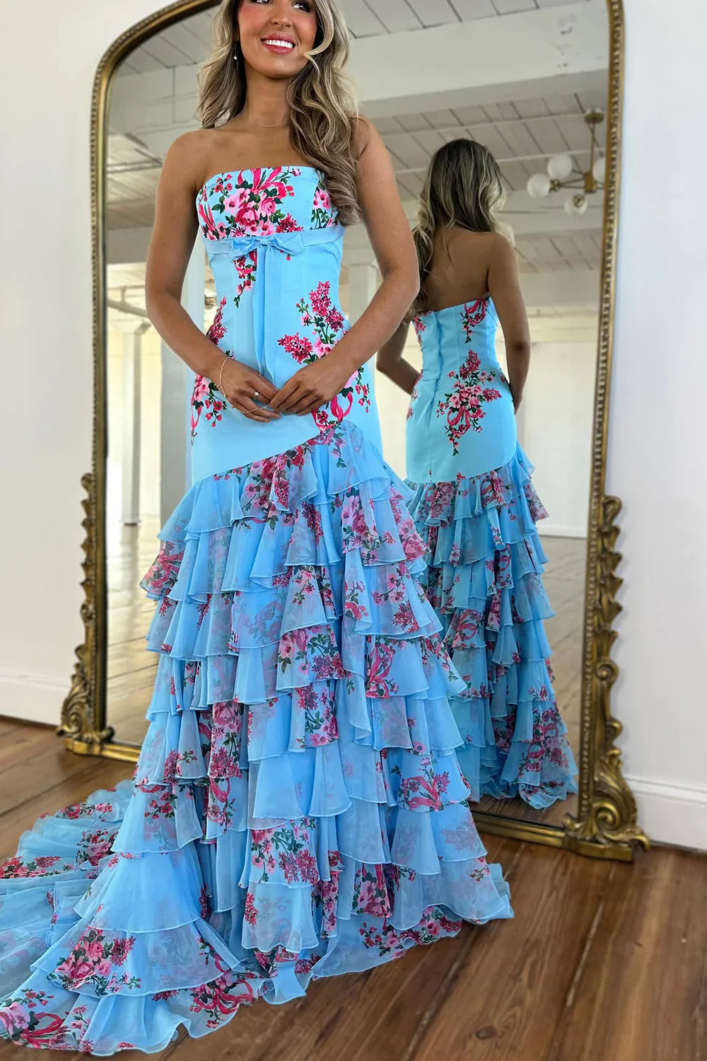 Elegant Floral Mermaid Strapless Bow Ruffle Maxi Dress Chiffon Prom Dress