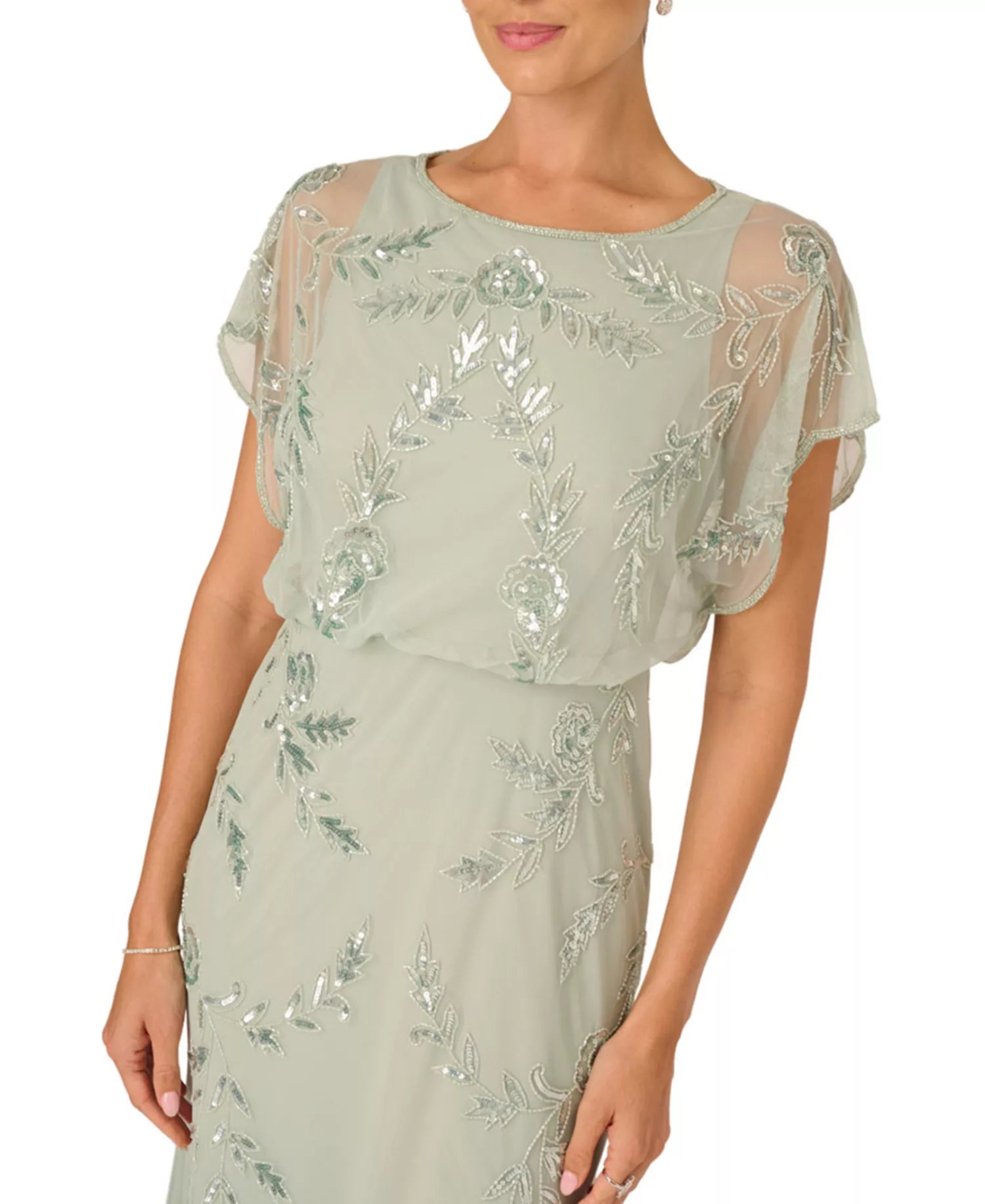 Elegant Beaded Blouson Gown Wedding Guest Dress Flutter-Sleeve Mother of the Bride Dress
