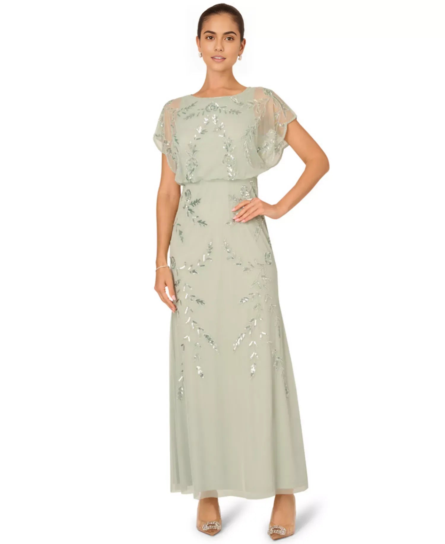 Elegant Beaded Blouson Gown Wedding Guest Dress Flutter-Sleeve Mother of the Bride Dress