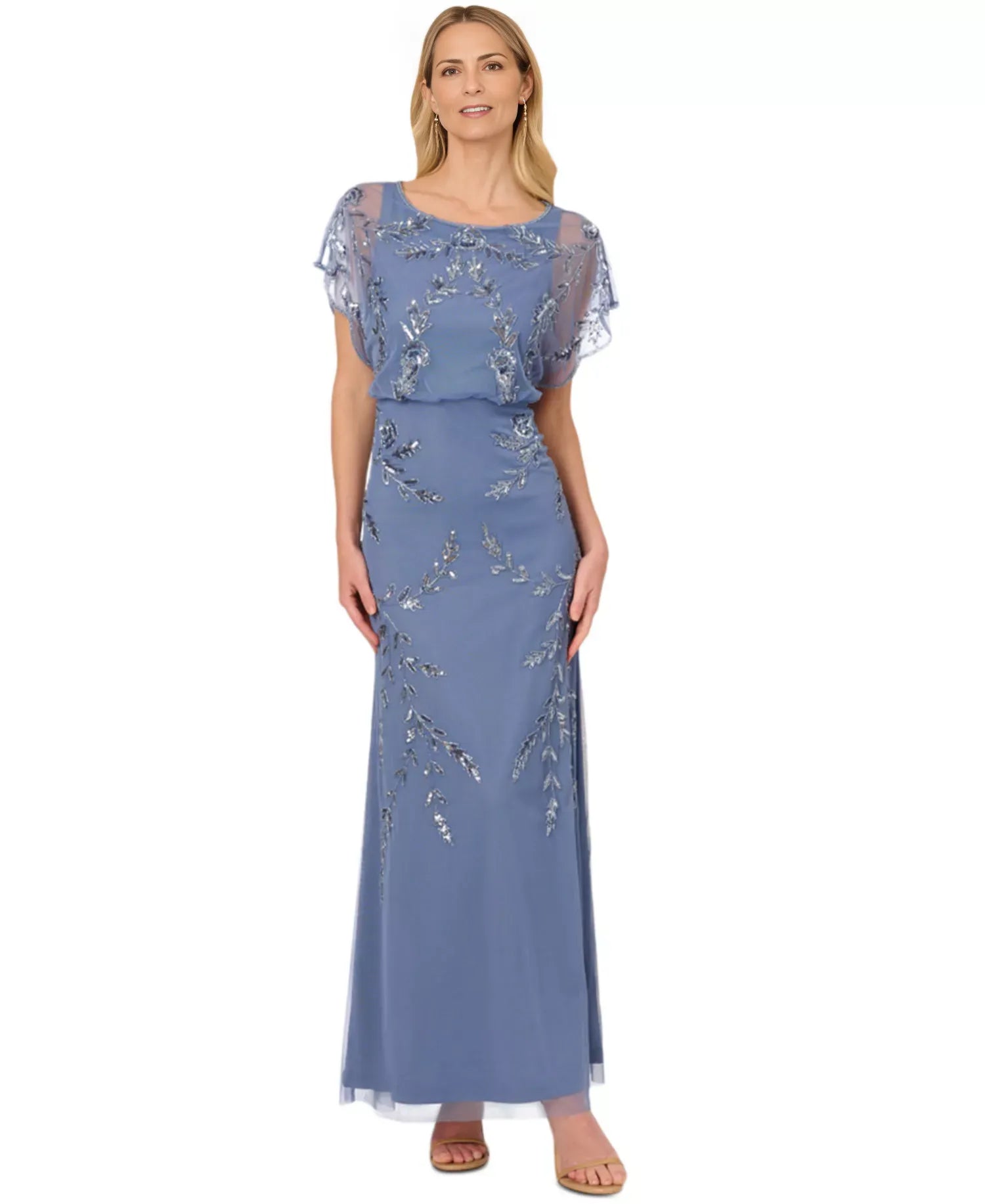 Elegant Beaded Blouson Gown Wedding Guest Dress Flutter-Sleeve Mother of the Bride Dress