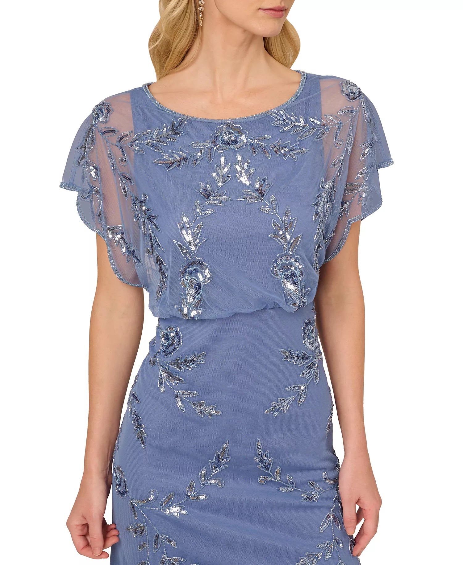 Elegant Beaded Blouson Gown Wedding Guest Dress Flutter-Sleeve Mother of the Bride Dress
