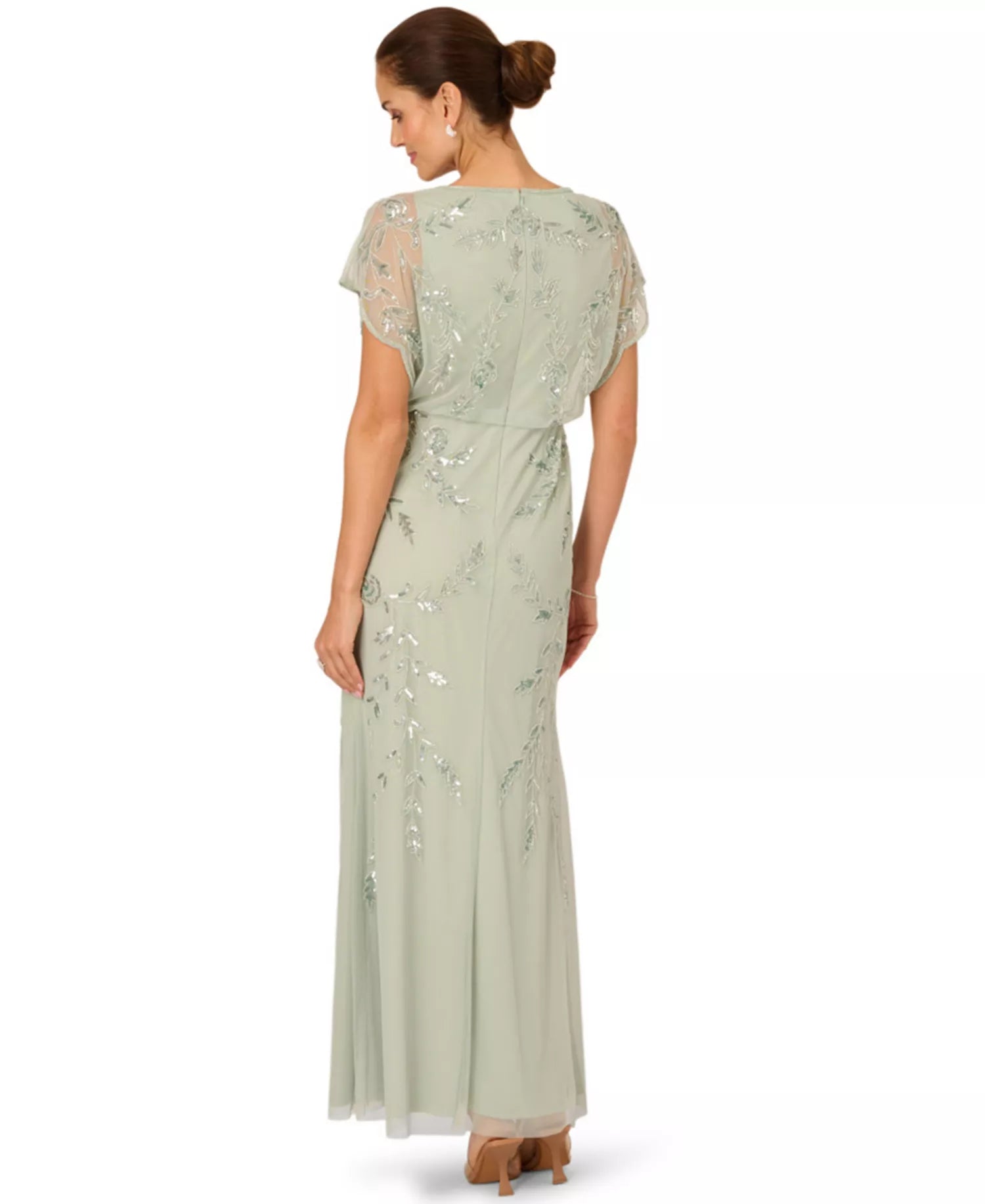Elegant Beaded Blouson Gown Wedding Guest Dress Flutter-Sleeve Mother of the Bride Dress