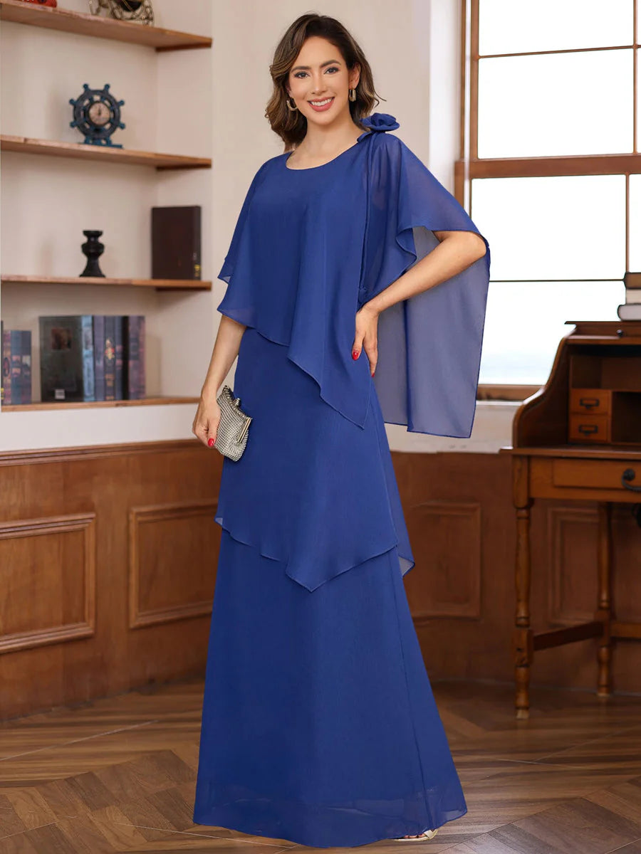 Elegant Flowy Round Neck Chiffon Floor-Length Capelet Gown Mother of the Bride Dress