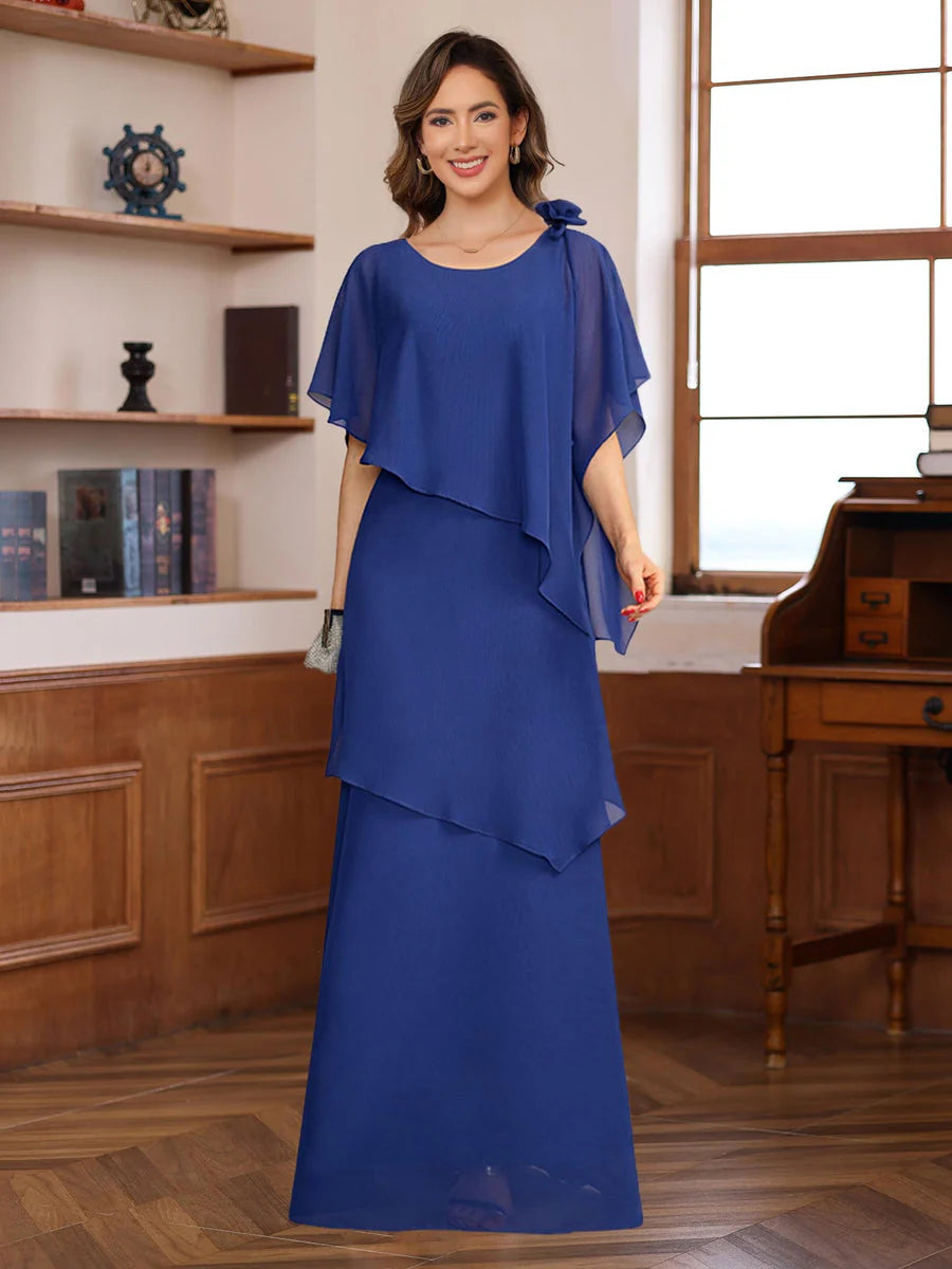 Elegant Flowy Round Neck Chiffon Floor-Length Capelet Gown Mother of the Bride Dress