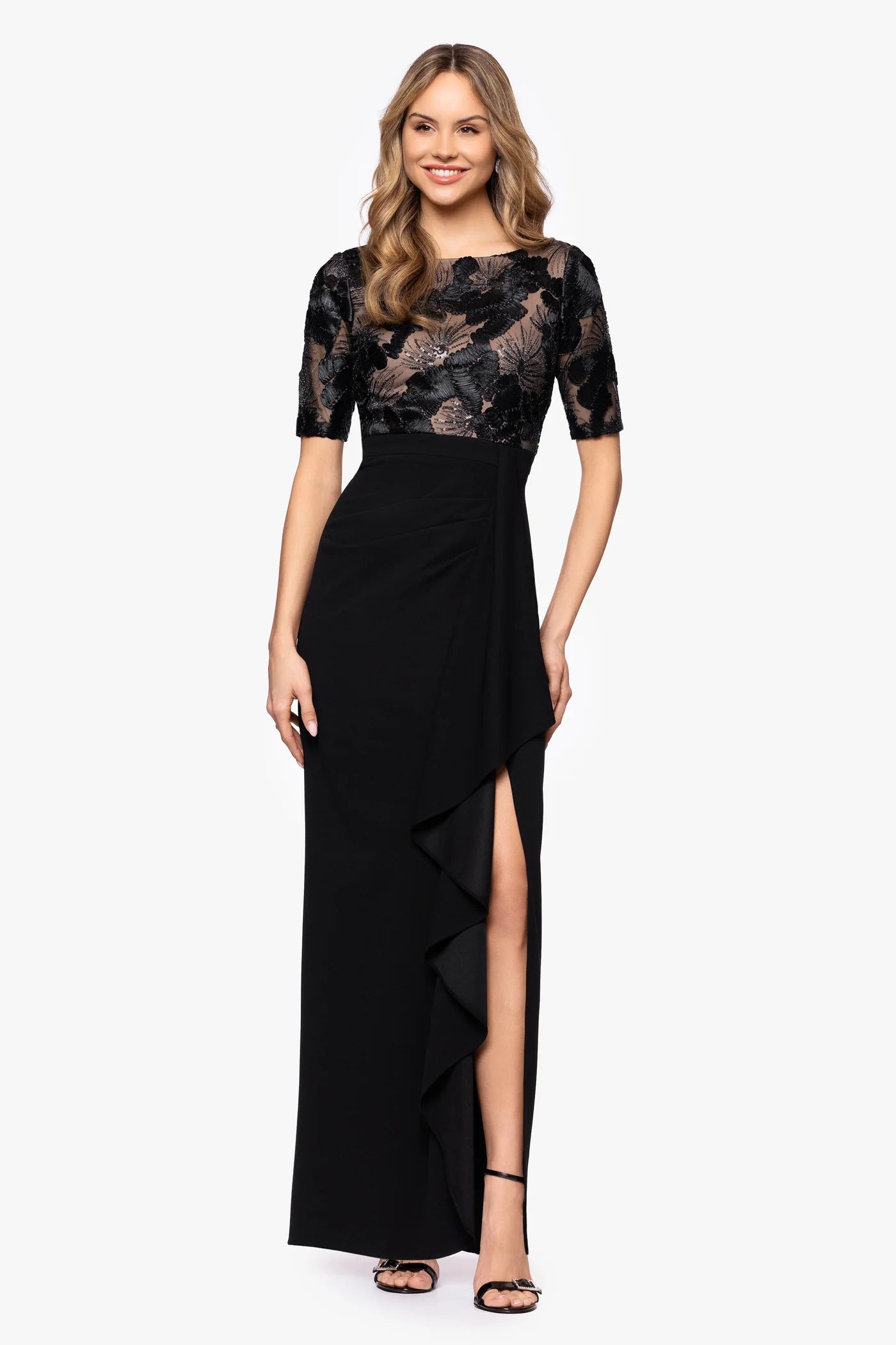 Elegant A-Line Formal Scoop Neck Sequined Lace Embroidered Mother of the Bride Dress