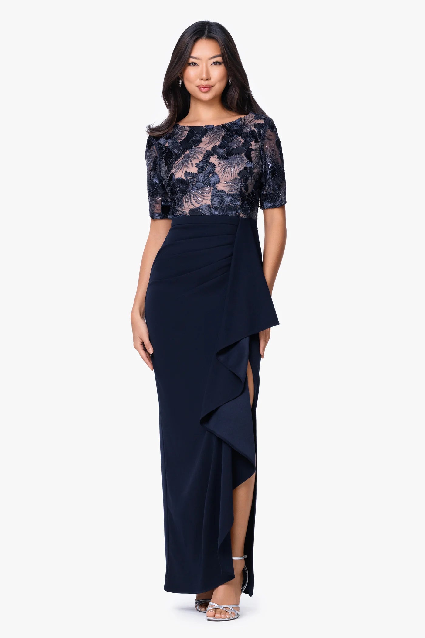 Elegant A-Line Formal Scoop Neck Sequined Lace Embroidered Mother of the Bride Dress