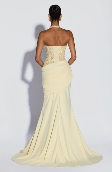 Glamorous Mermaid Halter Corset Beaded Maxi Ruched Evening Gown Formal Prom Dress