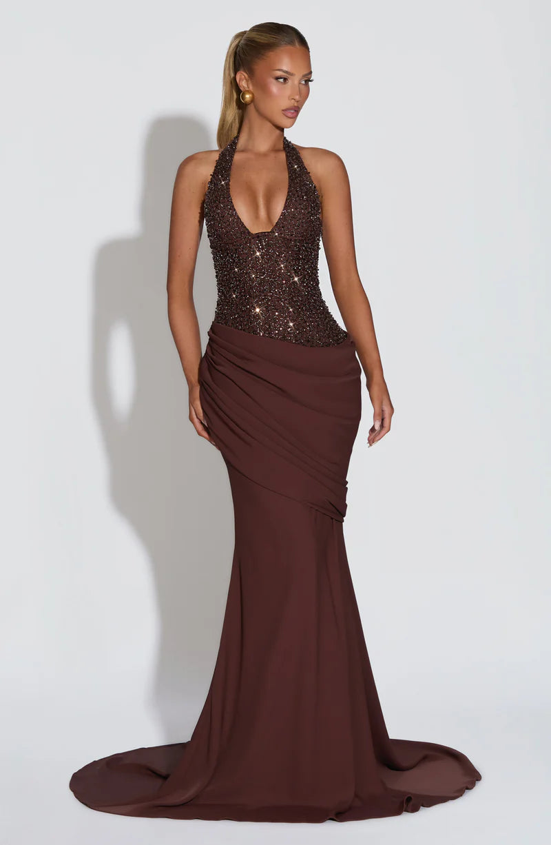 Vestido de noche largo con corsé halter de sirena glamuroso con cuentas y fruncido para baile de graduación