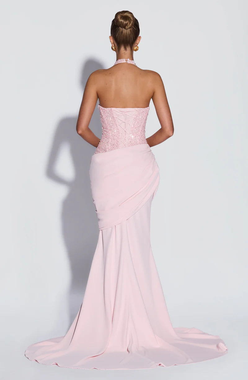 Vestido de noche largo con corsé halter de sirena glamuroso con cuentas y fruncido para baile de graduación