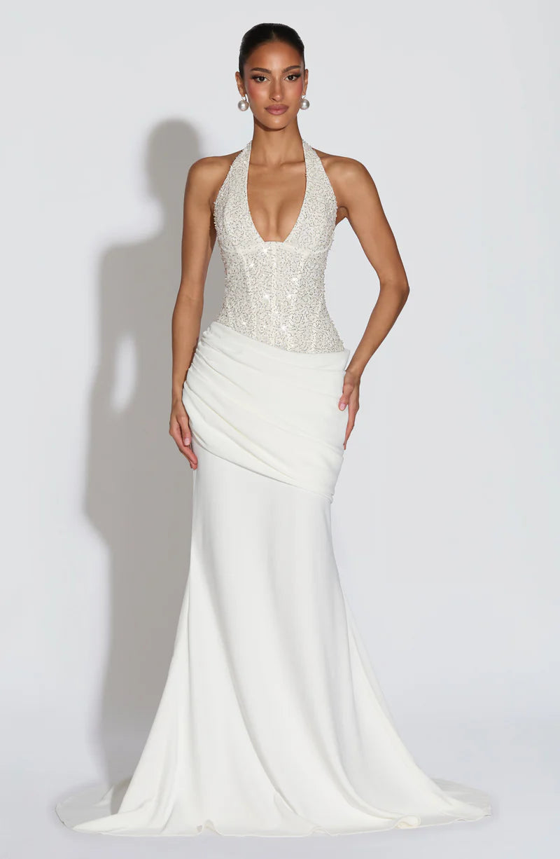 Vestido de noche largo con corsé halter de sirena glamuroso con cuentas y fruncido para baile de graduación