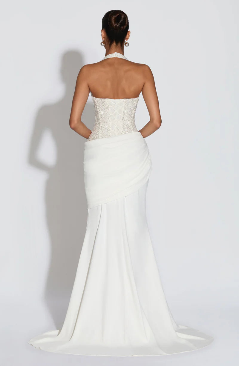 Vestido de noche largo con corsé halter de sirena glamuroso con cuentas y fruncido para baile de graduación