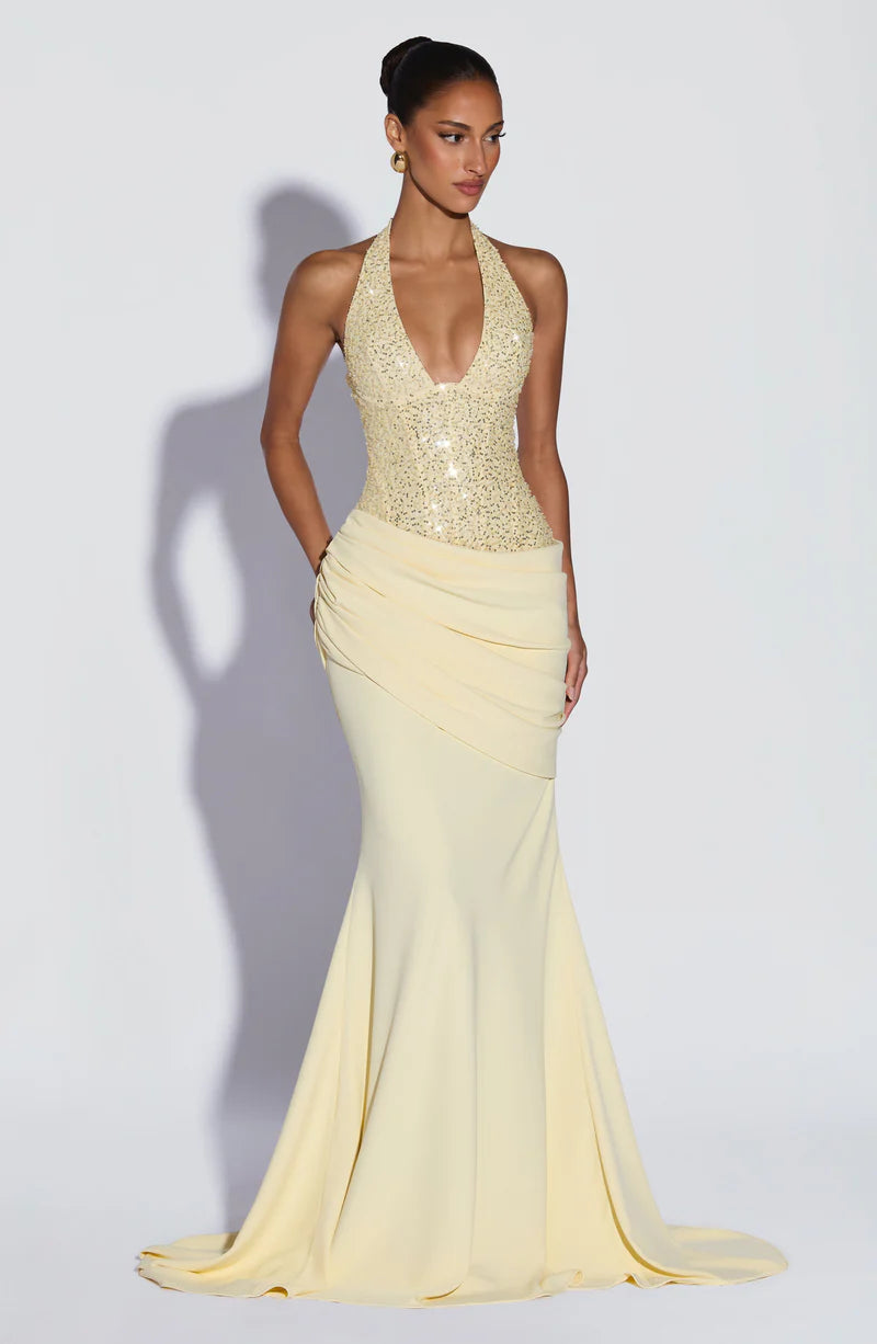 Vestido de noche largo con corsé halter de sirena glamuroso con cuentas y fruncido para baile de graduación