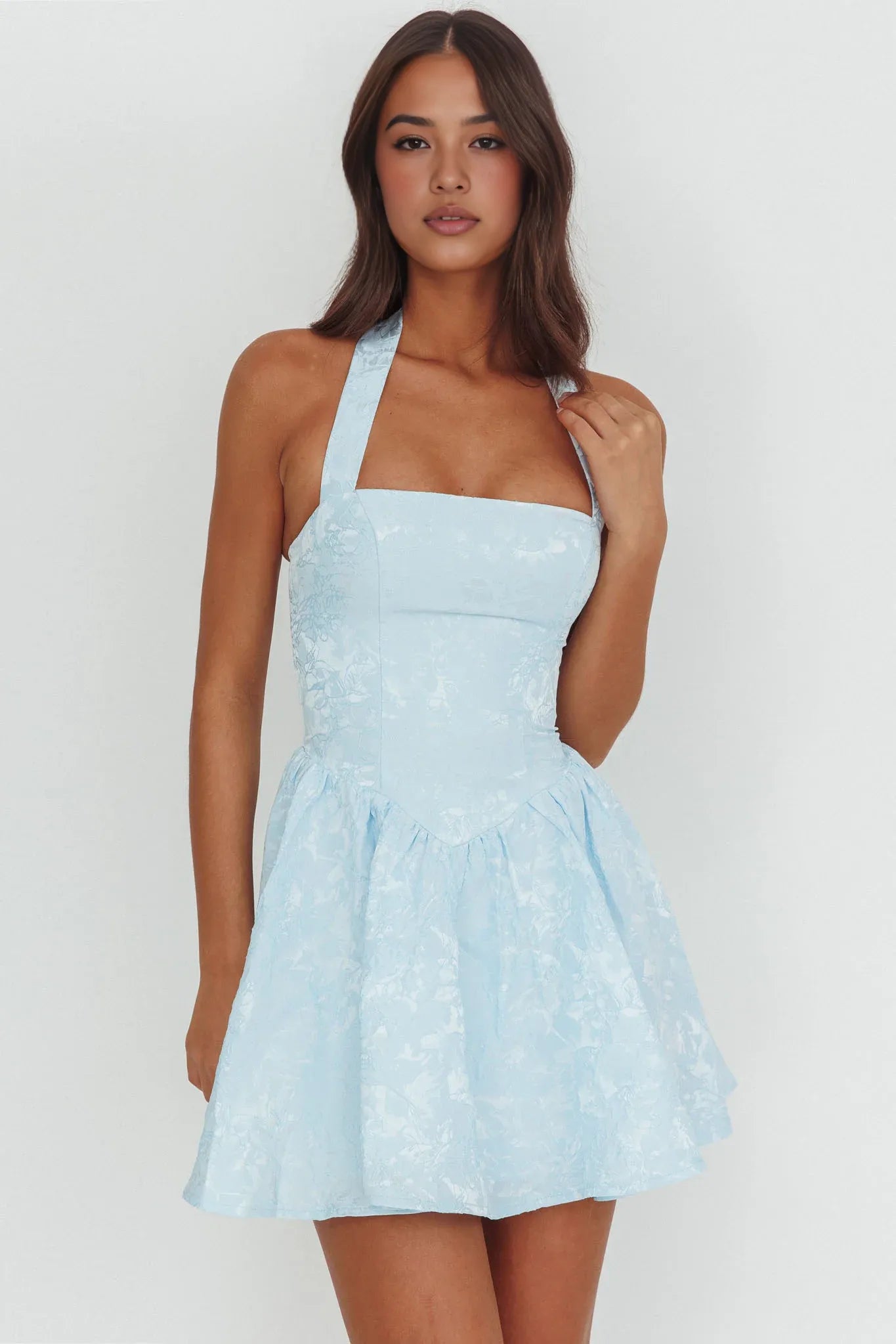 Elegant Cute A-line Halter Neck Sleeveless Jacquard Mini Homecoming Dress