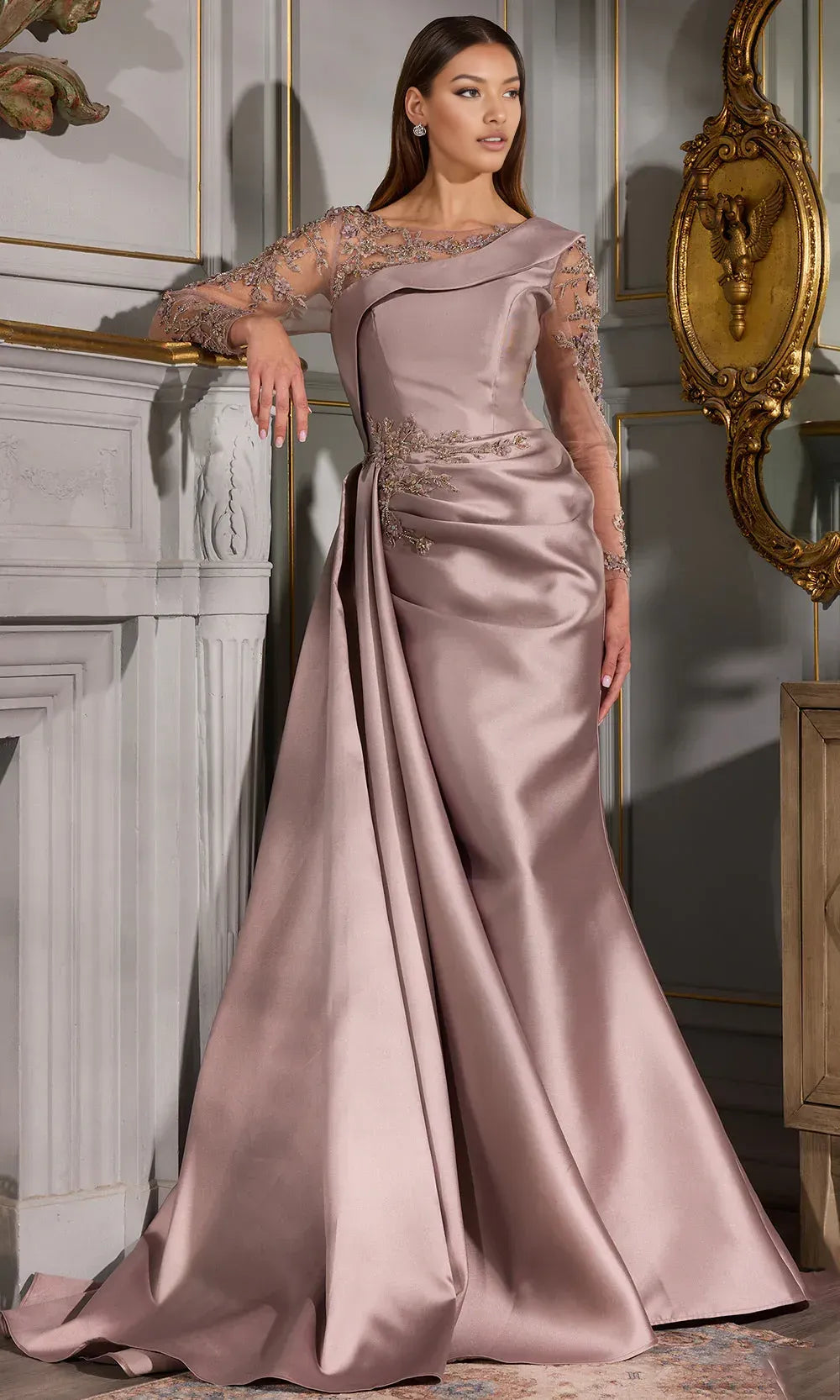 Vestido elegante de sirena con cuello barco de satén para la madre de la novia, vestido de noche de manga larga con apliques