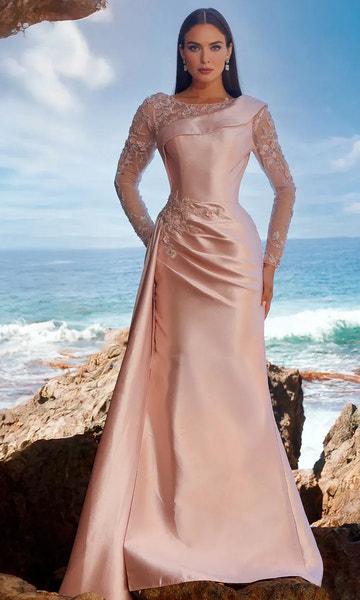 Elegant Mermaid Boat Neck Satin Mother of the Bride Dress Long Sleeve Evening Gown With Appliques