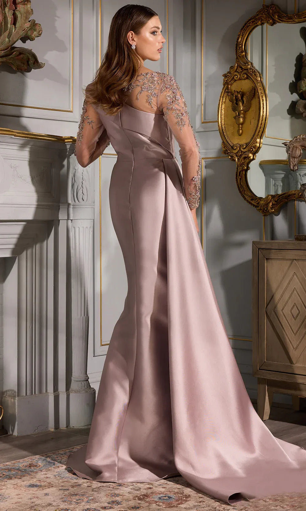 Vestido elegante de sirena con cuello barco de satén para la madre de la novia, vestido de noche de manga larga con apliques