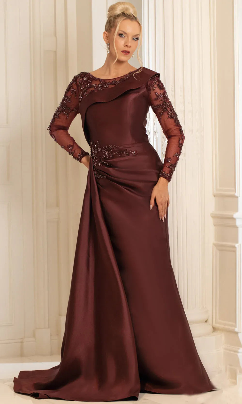 Vestido elegante de sirena con cuello barco de satén para la madre de la novia, vestido de noche de manga larga con apliques