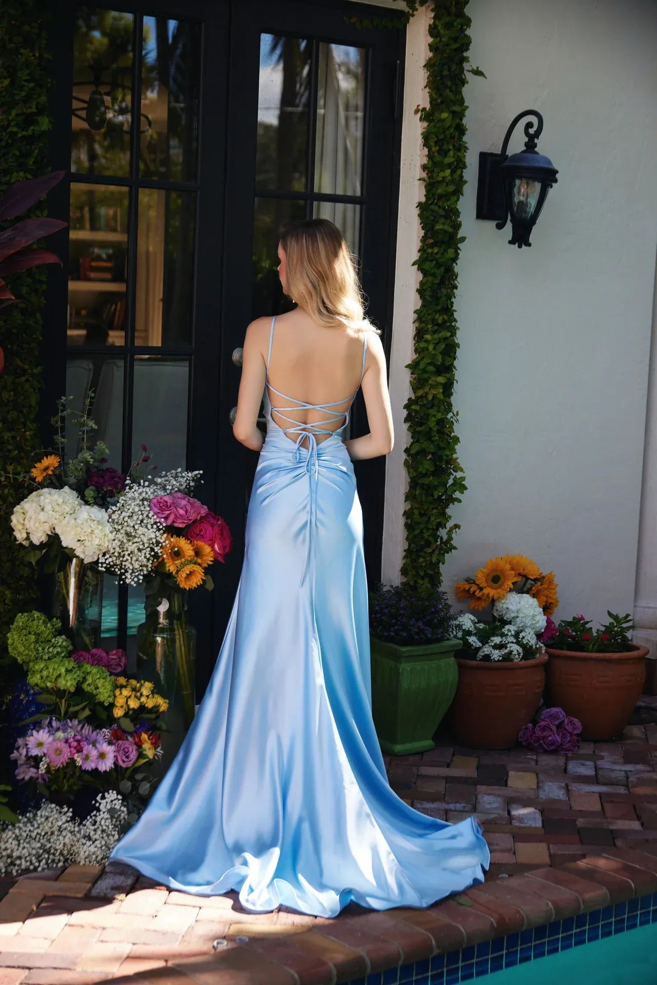 Elegant Mermaid Cowl Spaghetti Strap Satin Maxi Evening Dress Ruched Laceup Prom Dress