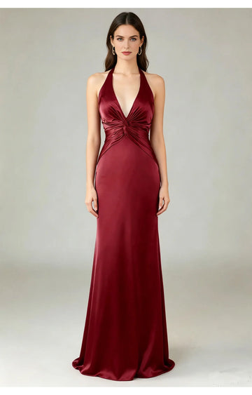 Elegante Vestido de Fiesta de Satén Largo hasta el Suelo con Cuello Halter y Nudo de Sirena