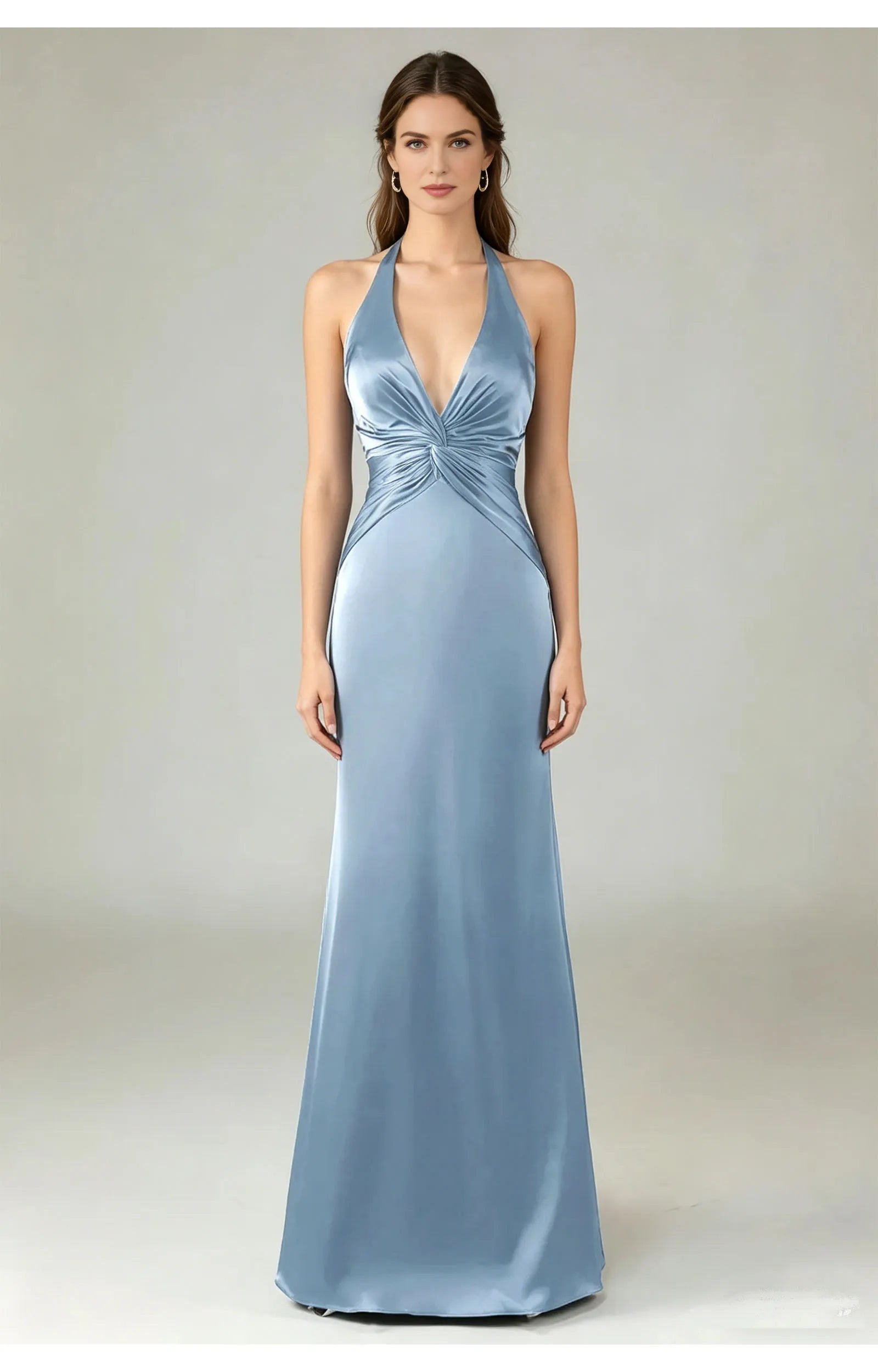 Elegant Mermaid Halter Neck Satin Floor-Length Twist Formal Dress