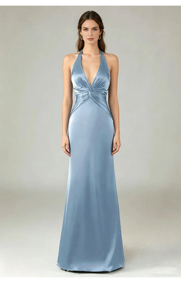 Elegante Vestido de Fiesta de Satén Largo hasta el Suelo con Cuello Halter y Nudo de Sirena