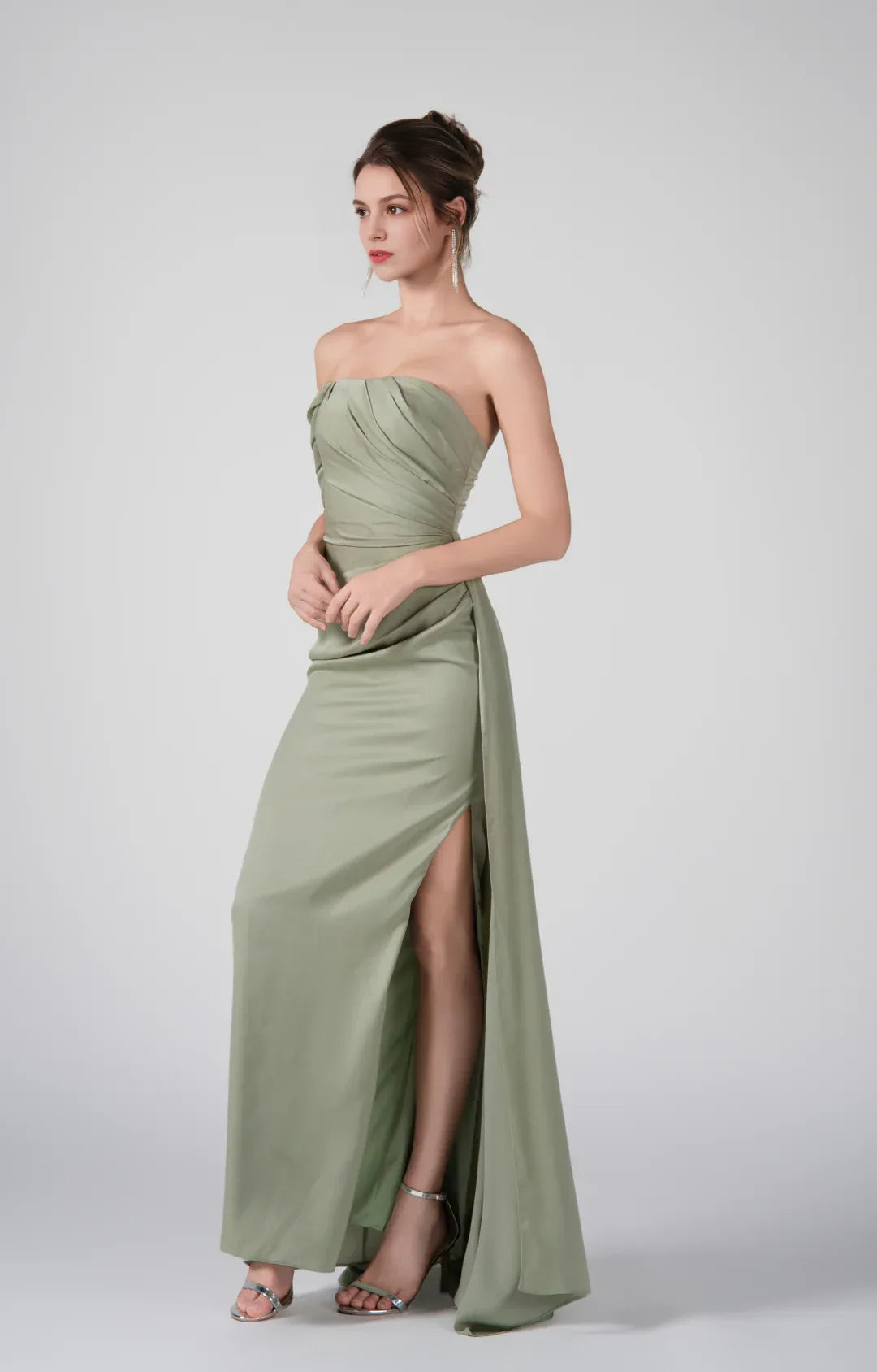 Elegant Mermaid Off-Shoulder Short Sleeve Satin Floor Length Ruched Slit Evening Dress