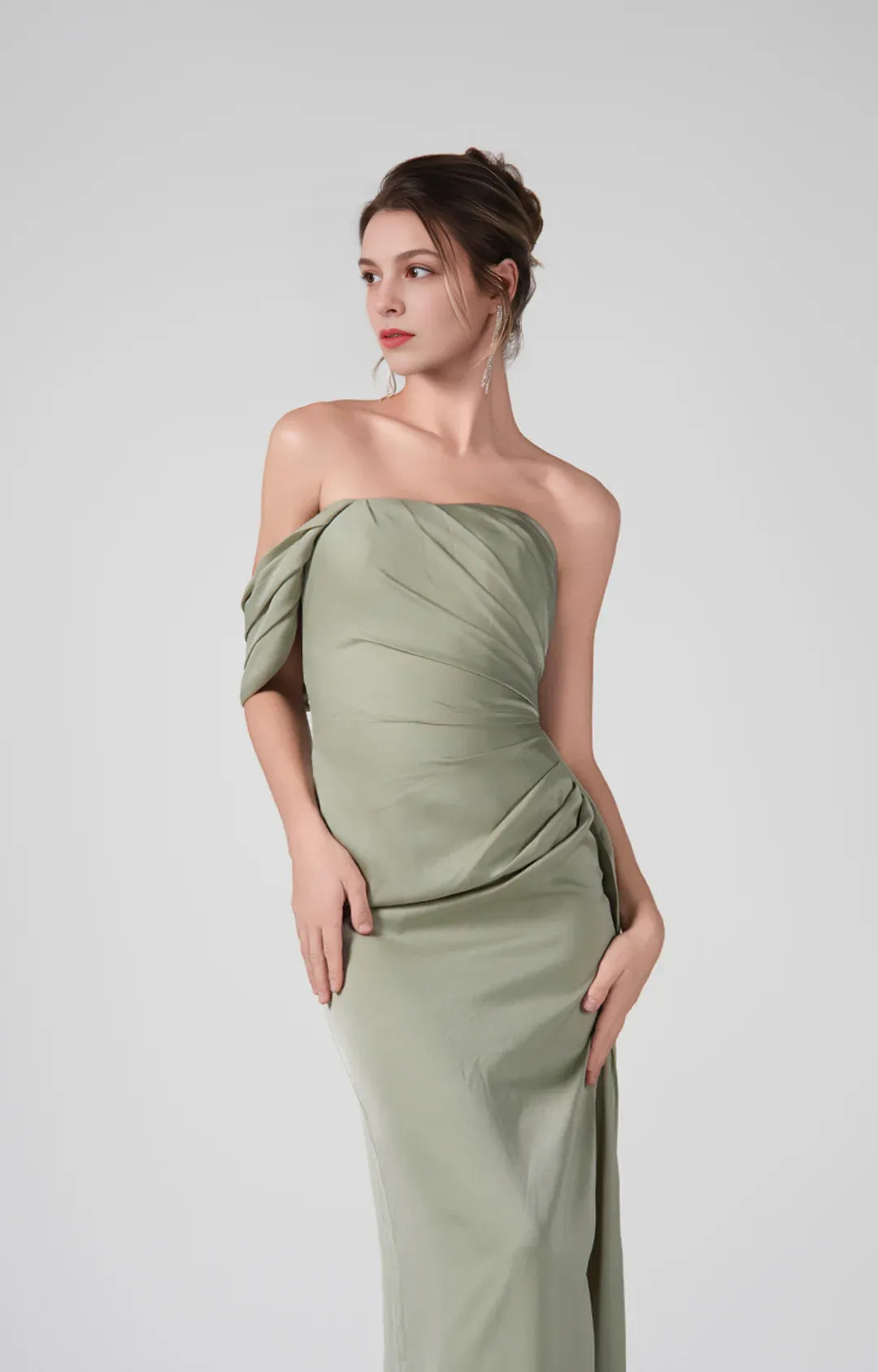 Elegant Mermaid Off-Shoulder Short Sleeve Satin Floor Length Ruched Slit Evening Dress