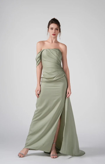 Elegant Mermaid Off-Shoulder Short Sleeve Satin Floor Length Ruched Slit Evening Dress
