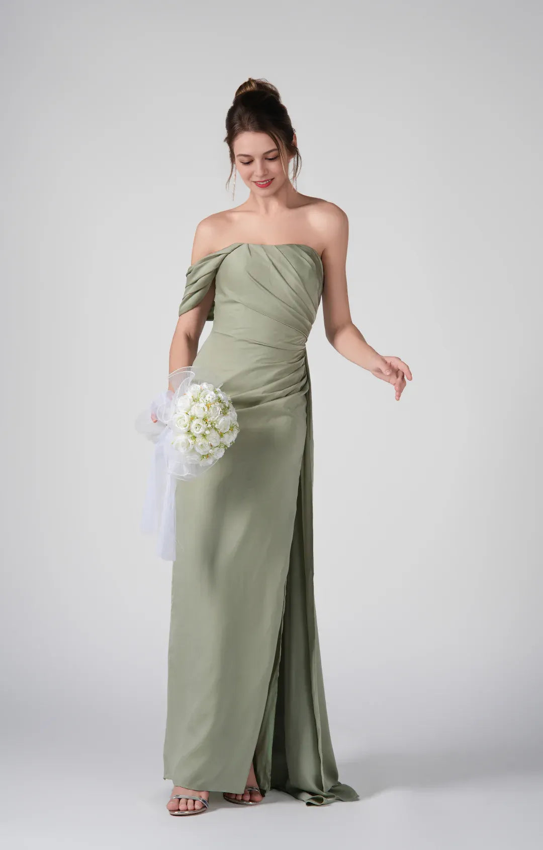 Elegant Mermaid Off-Shoulder Short Sleeve Satin Floor Length Ruched Slit Evening Dress