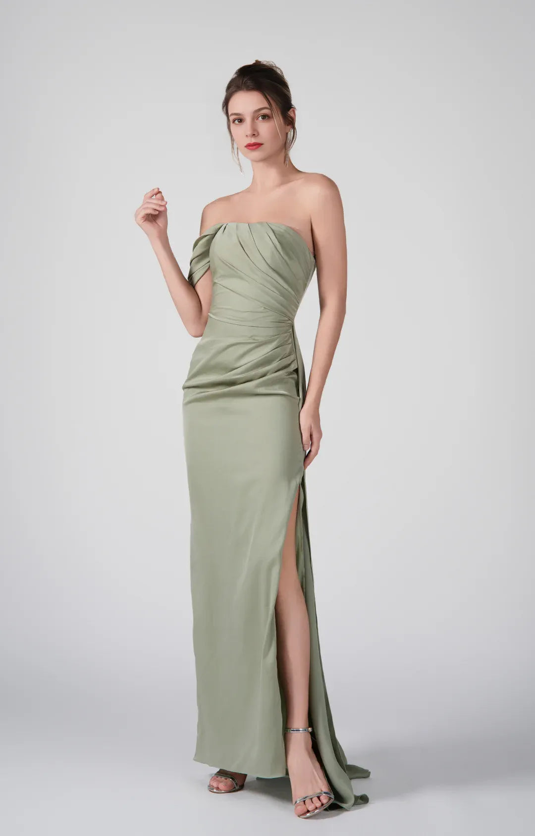 Elegant Mermaid Off-Shoulder Short Sleeve Satin Floor Length Ruched Slit Evening Dress