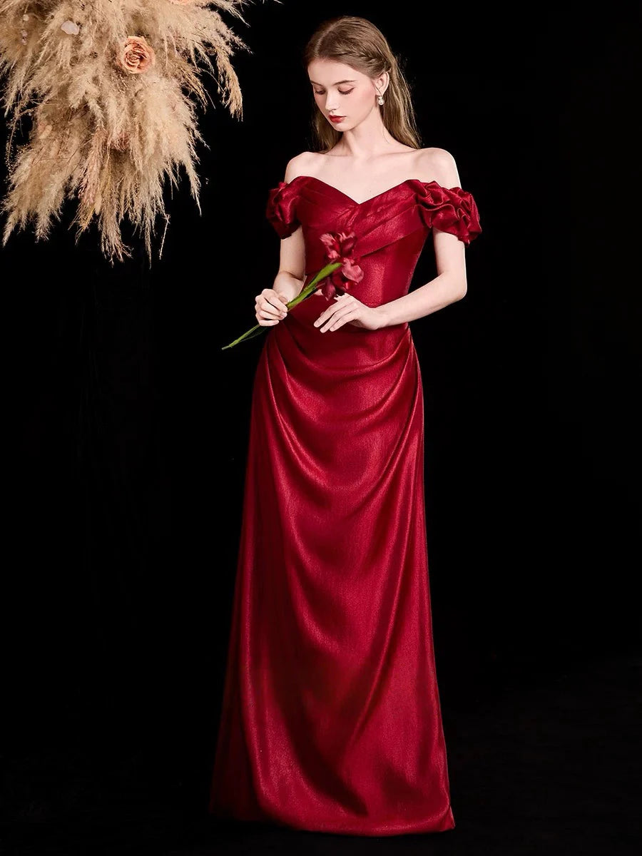 Elegante Vestido de Fiesta Sirena sin Hombros Satén Maxi Drapeado Vestido de Noche