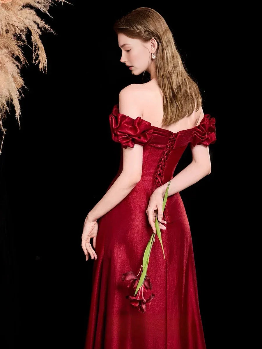 Elegante Vestido de Fiesta Sirena sin Hombros Satén Maxi Drapeado Vestido de Noche