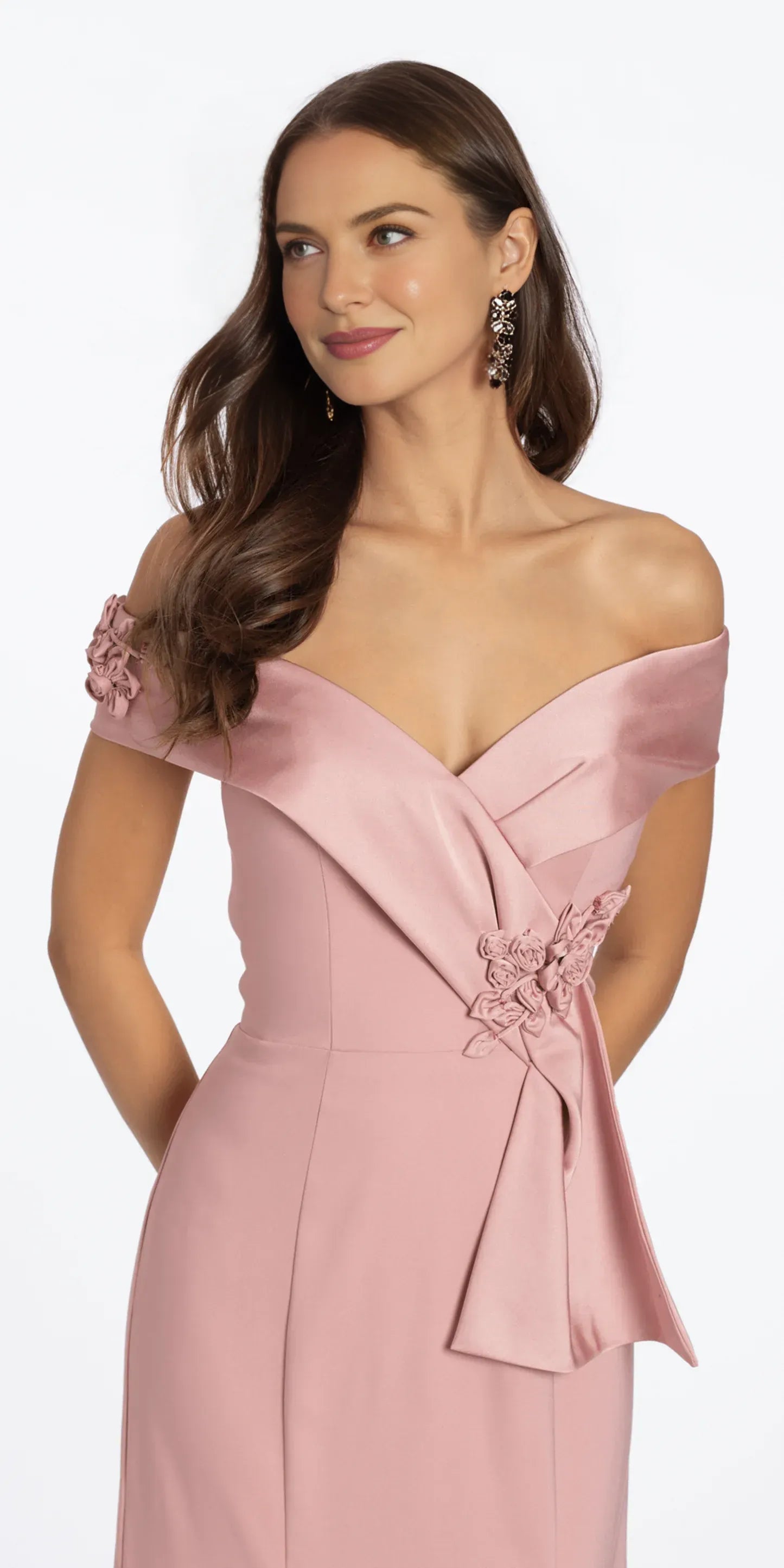 Elegant Mermaid OffShoulder Vneck ShortSleeve FloralApplique Wrap Formal Mother of the Bride Dress