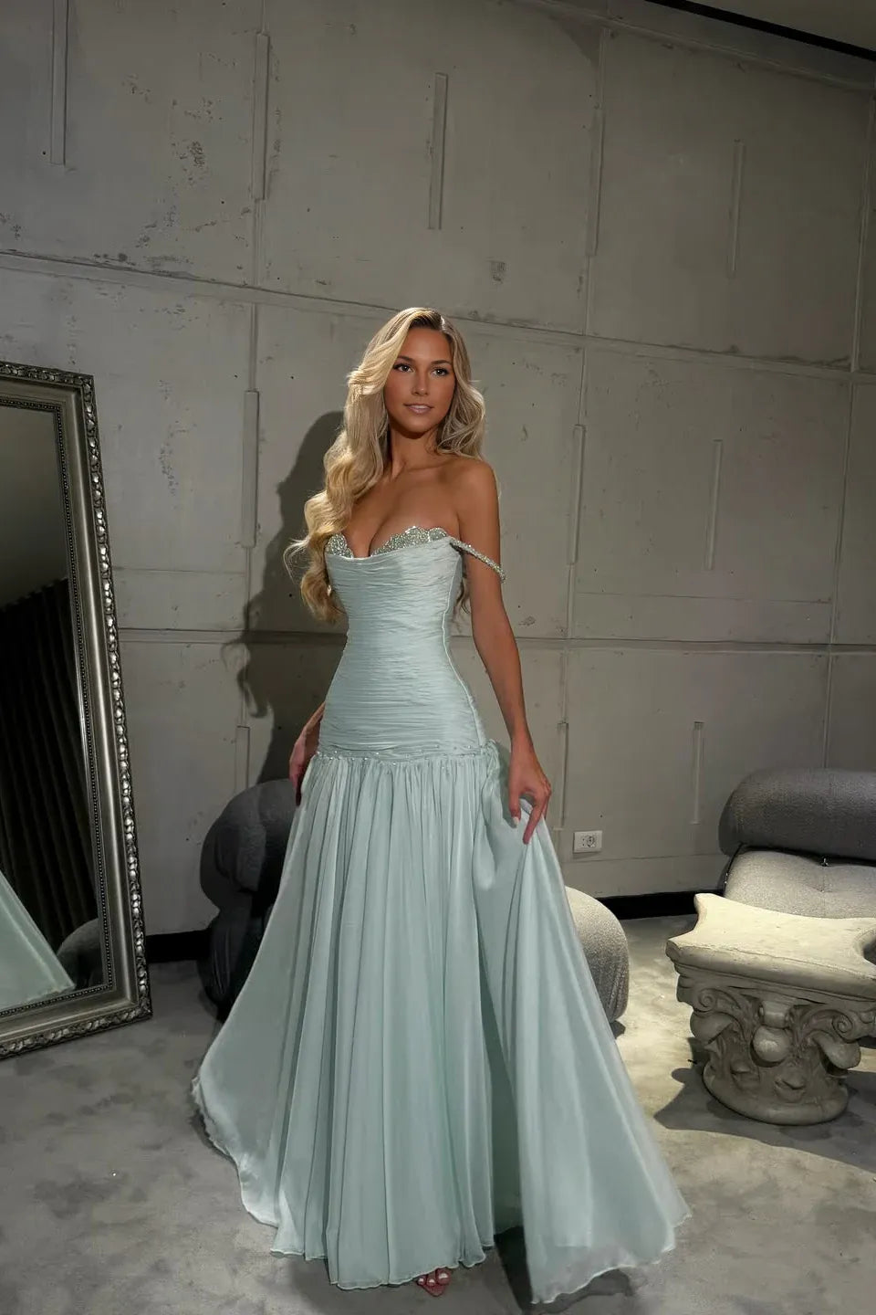 Elegant DropWaist OffTheShoulder ShortSleeve Chiffon FloorLength Beaded Evening Dress