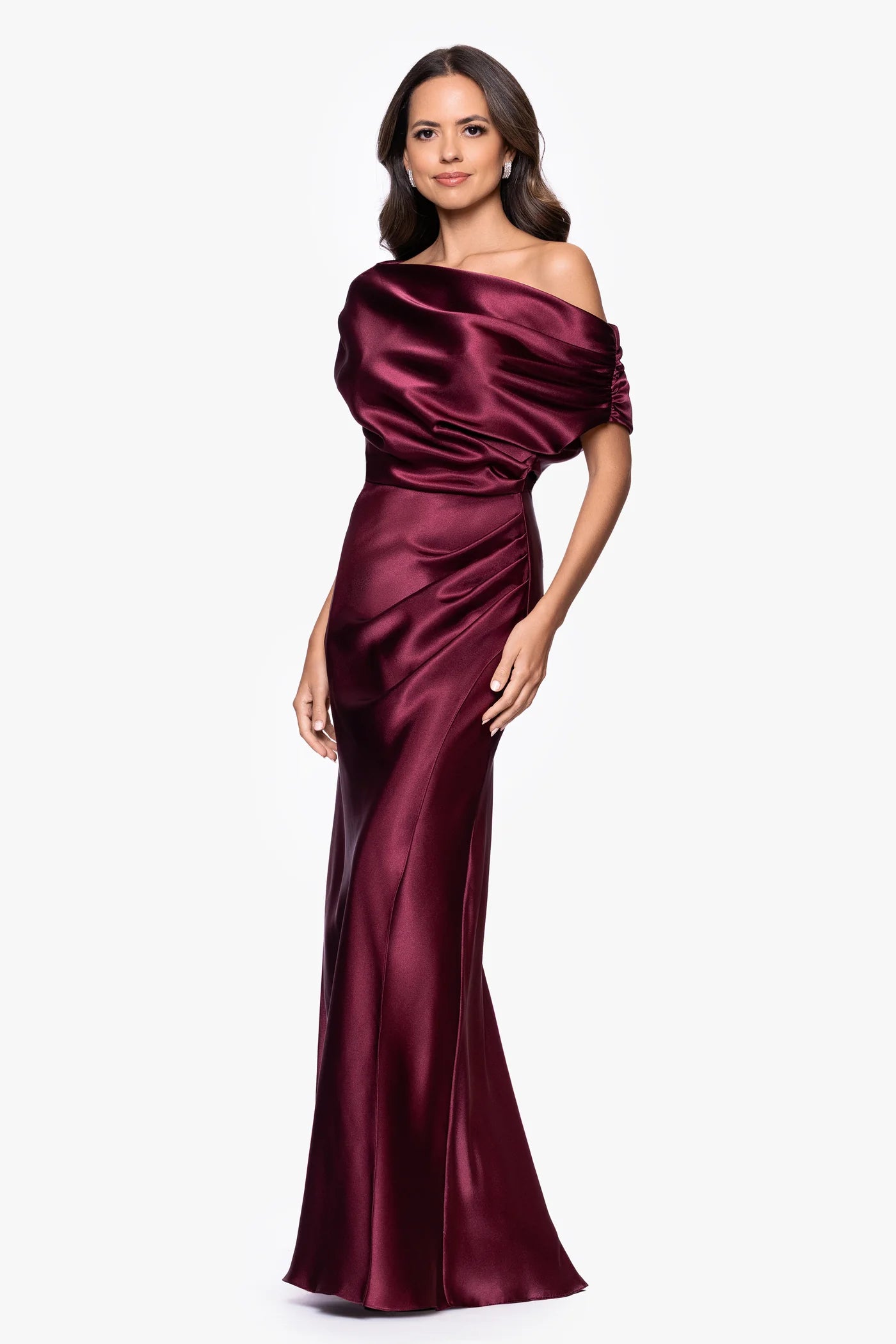 Elegant Mermaid One-Shoulder Draped Satin Formal Gown Mother of the Bride Dress