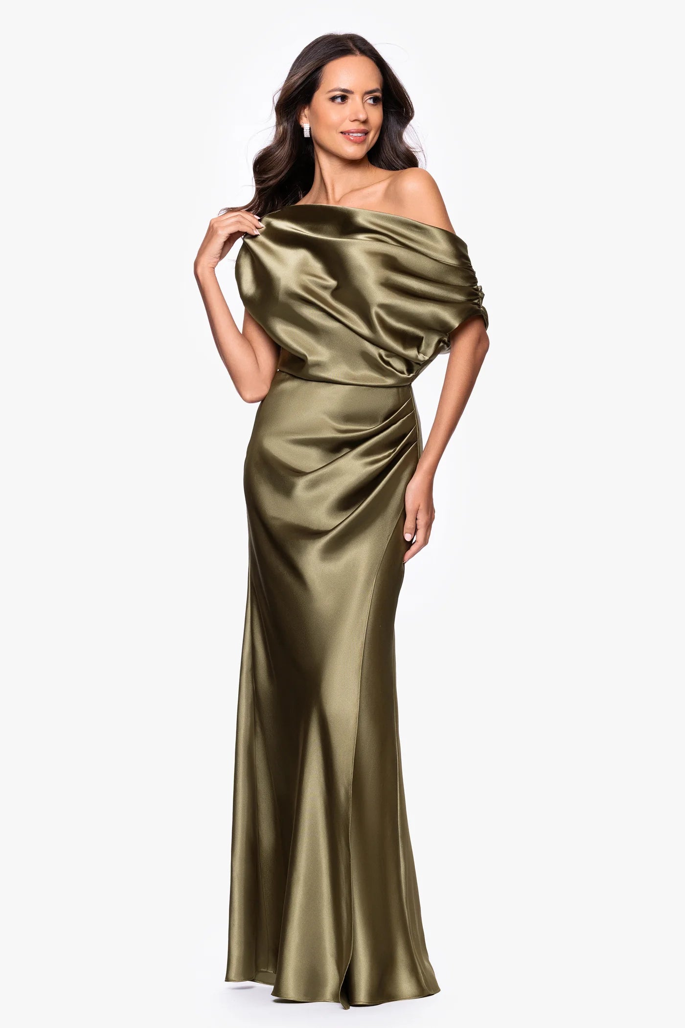 Elegant Mermaid One-Shoulder Draped Satin Formal Gown Mother of the Bride Dress