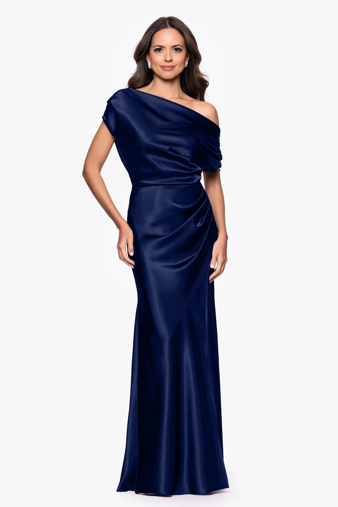 Elegant Mermaid One-Shoulder Draped Satin Formal Gown Mother of the Bride Dress